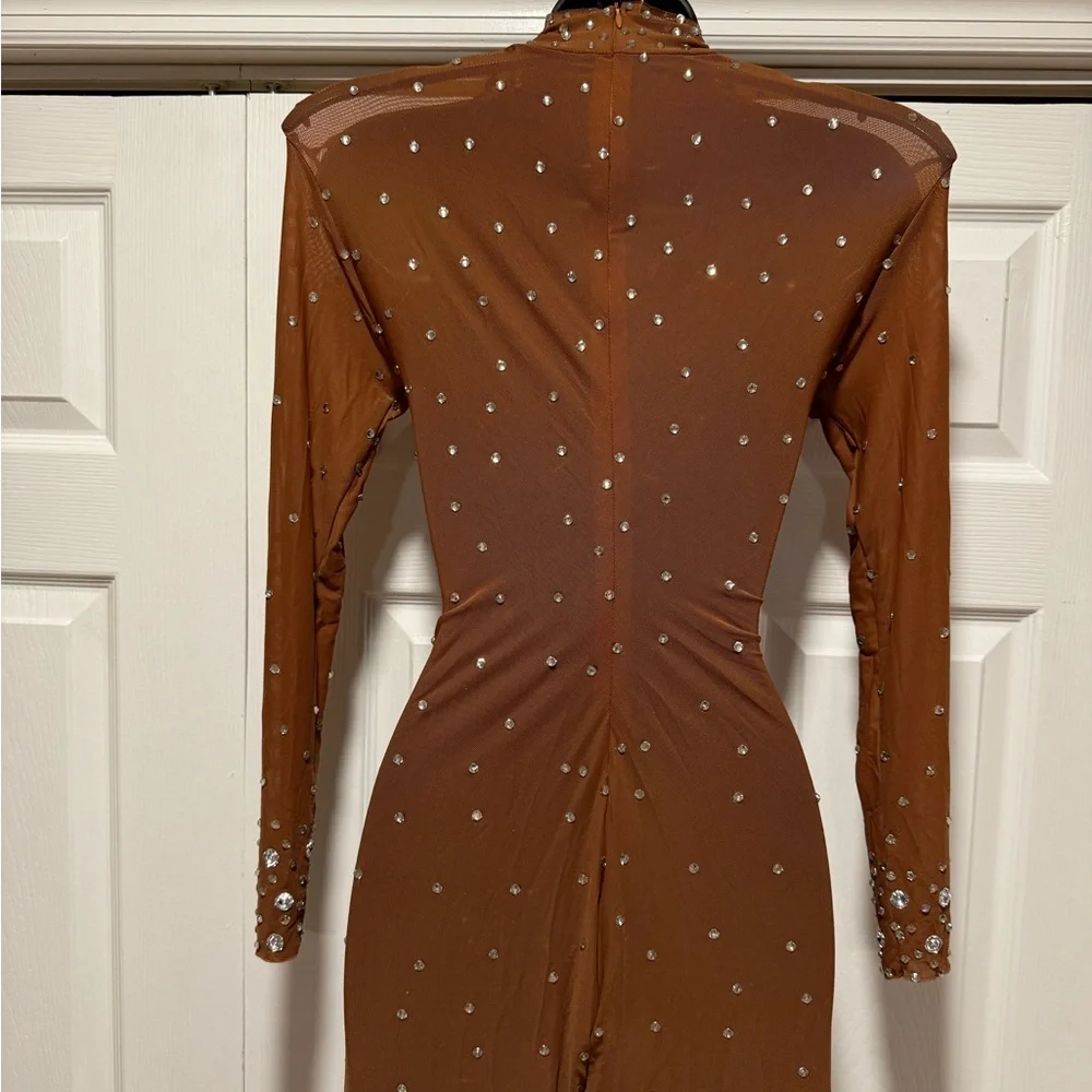 Brown Rhinestone Embellished Mesh Bodysuit Unitard - Picture 6 of 7